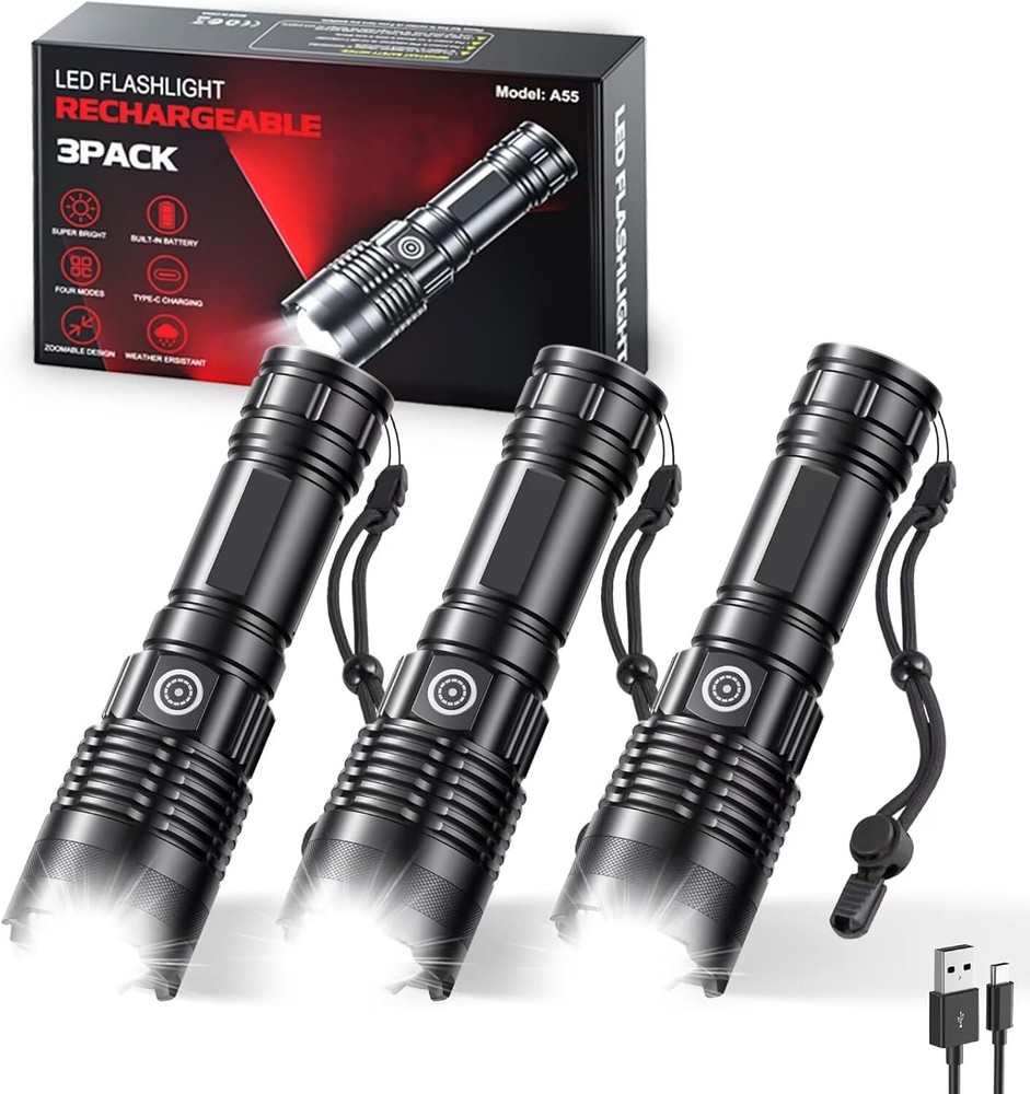 Rechargeable Flashlights High Lumens, 3 Pack Super Bright Tactical Flashlight