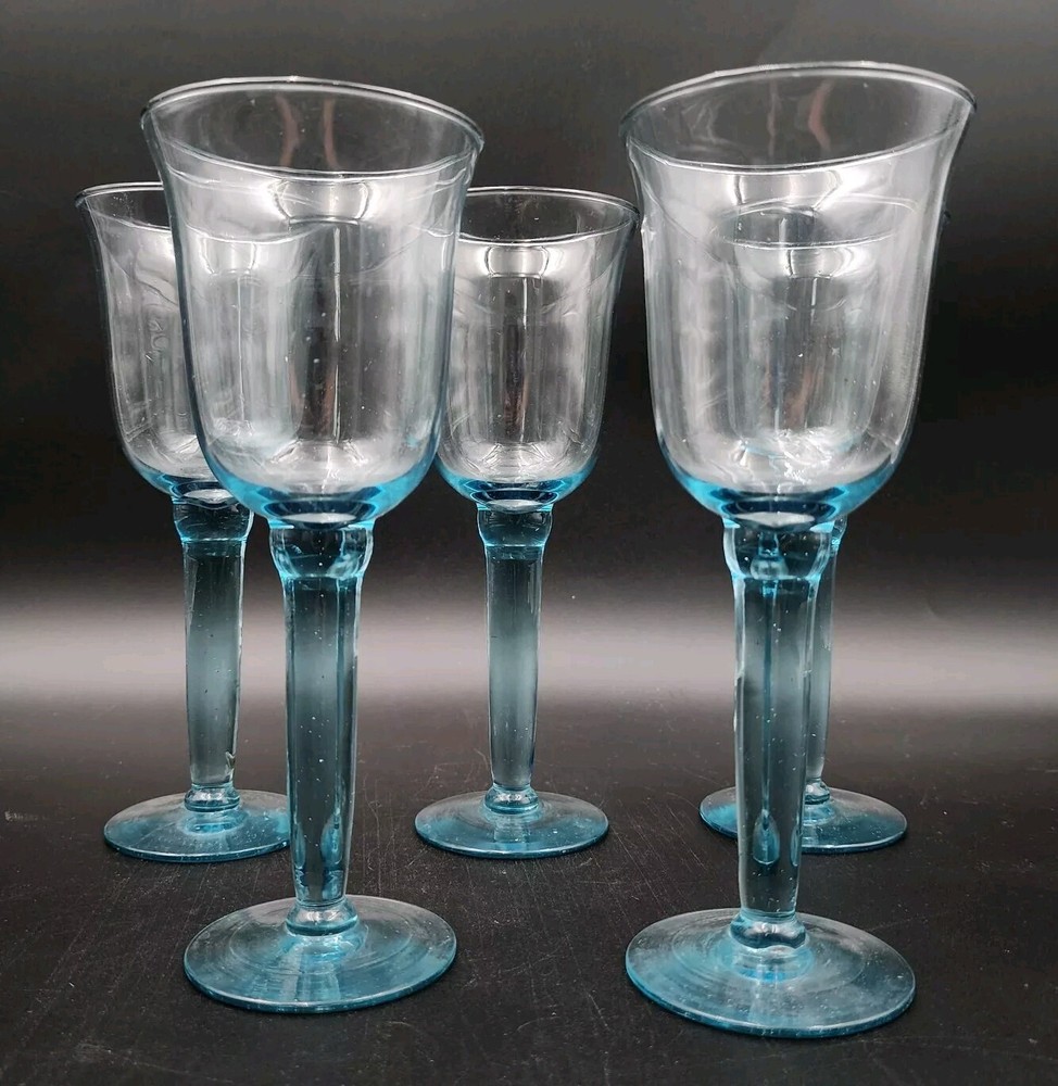 Glass Goblets Wine Glasses Hand Blown Vintage Large Blue Aqua Set of 5
