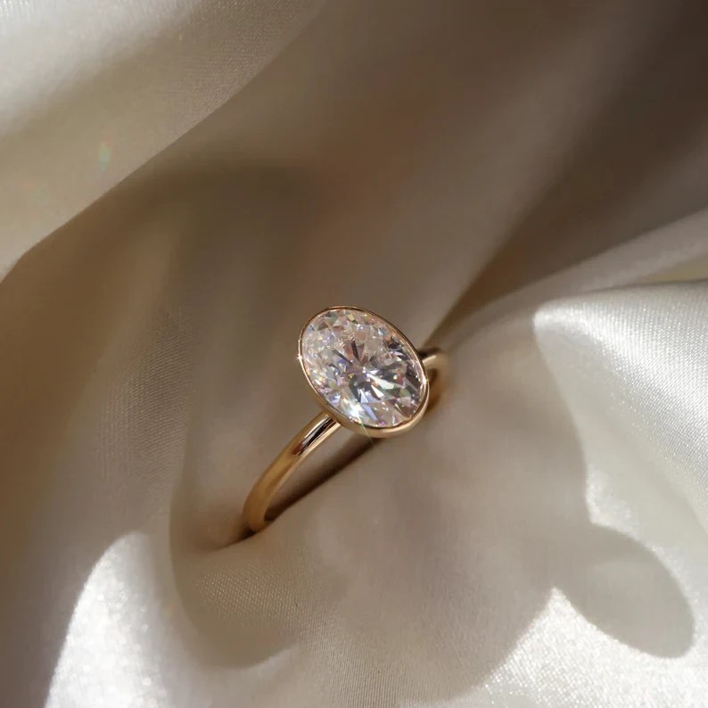 Solitaire Bezel Set Ring 2Ct Oval Cut Simulated Diamond 14K Yellow Gold Plated