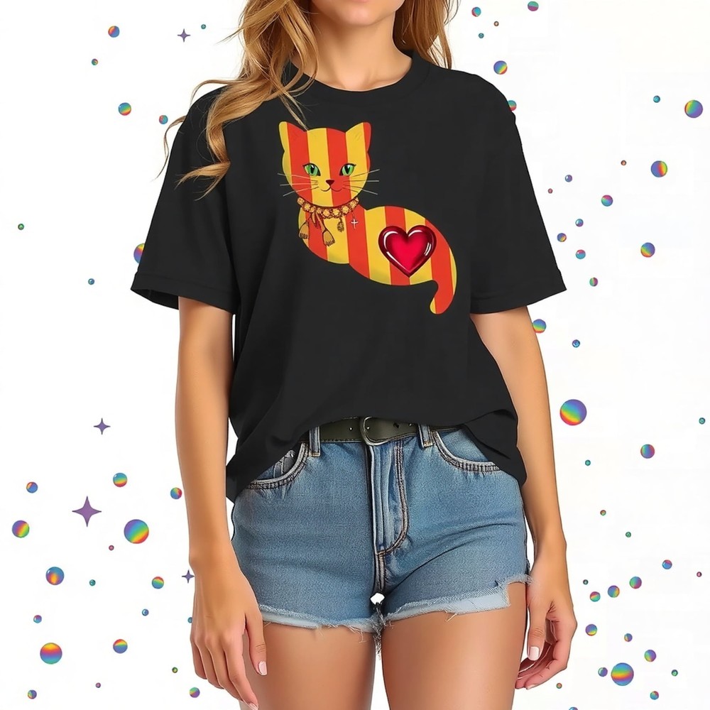 Stylish Black Cat Graphic T-Shirt with Sant Jordi Colors - Relaxed Fit