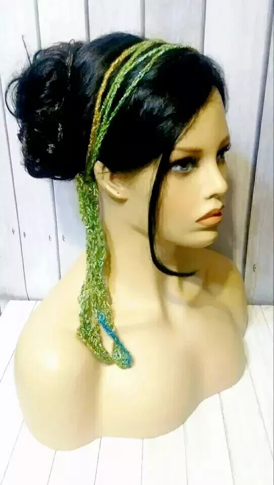 handmade crochet womans boho headband gypsy hair scarf tie green prism USA made