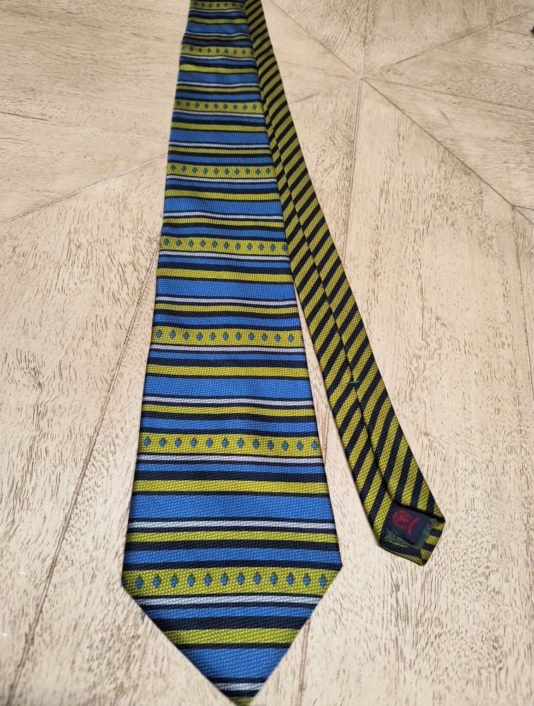 Tommy Hilfiger 100% Italian Silk Tie Yellow Blue Stripes Made in USA