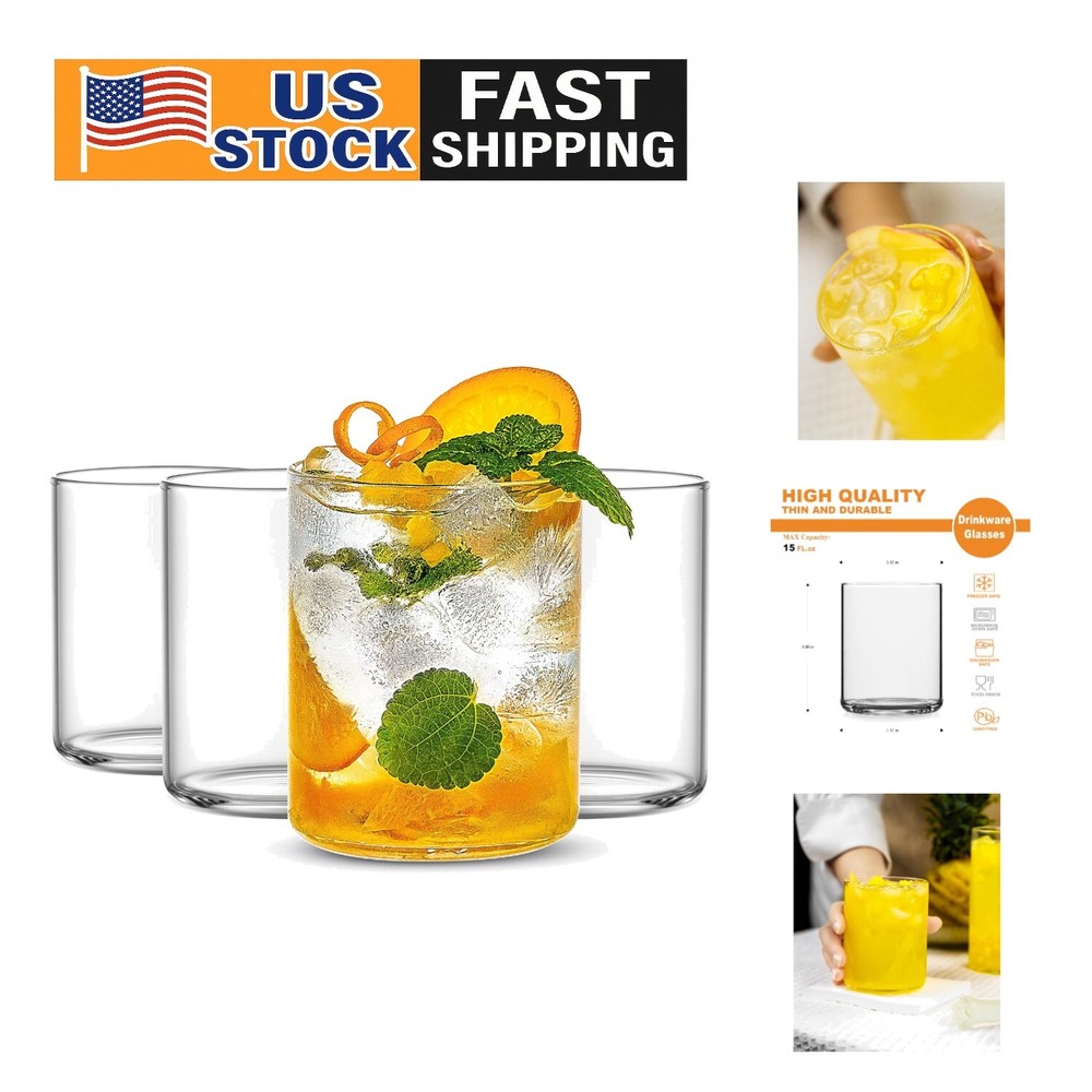 Lightweight Elegant Set of 4 Borosilicate 15 oz Glasses - Stylish Durable Drinkware