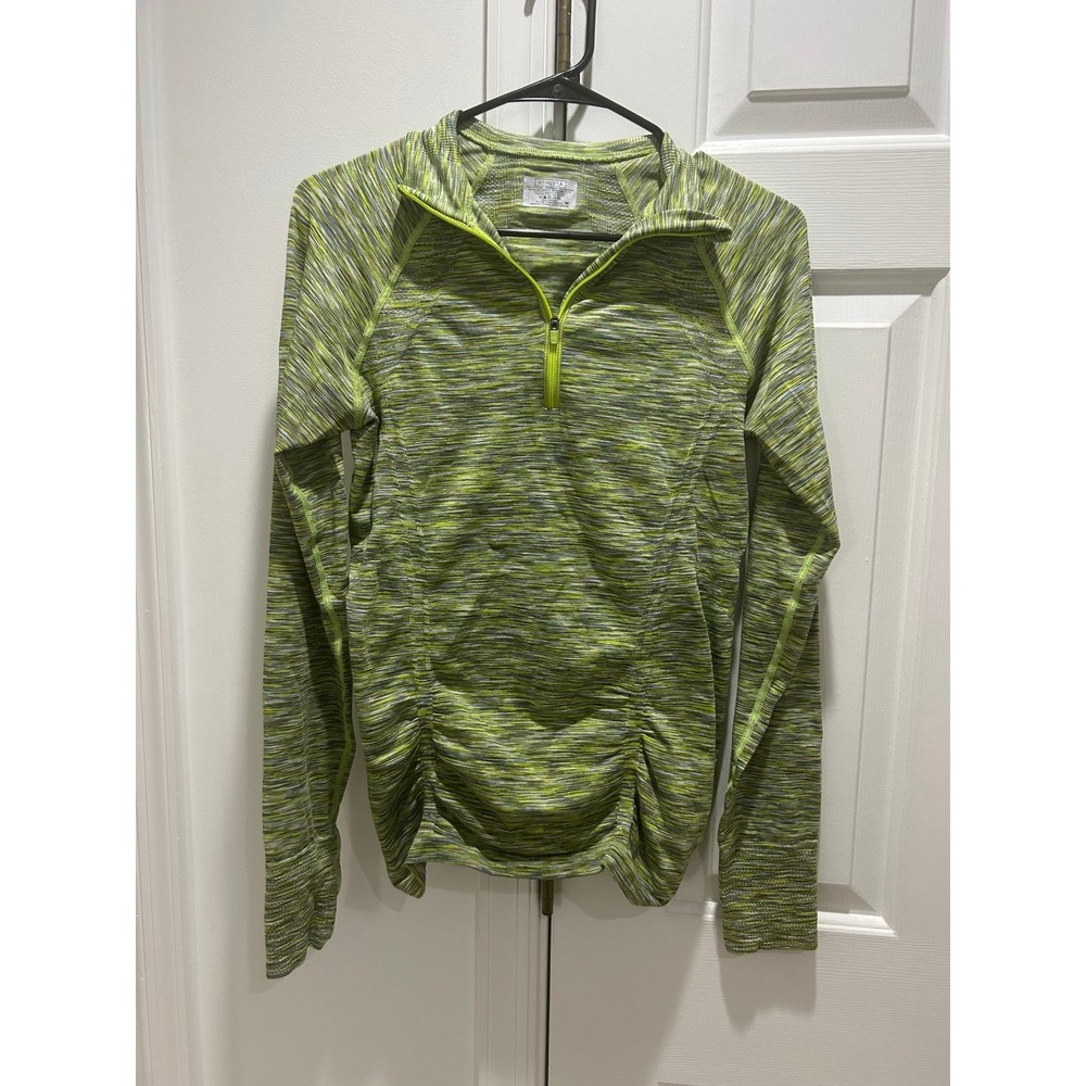 Athleta Womens Quarter Zip Pullover Lime Green Space Dye Ruched Thumbhole Top M