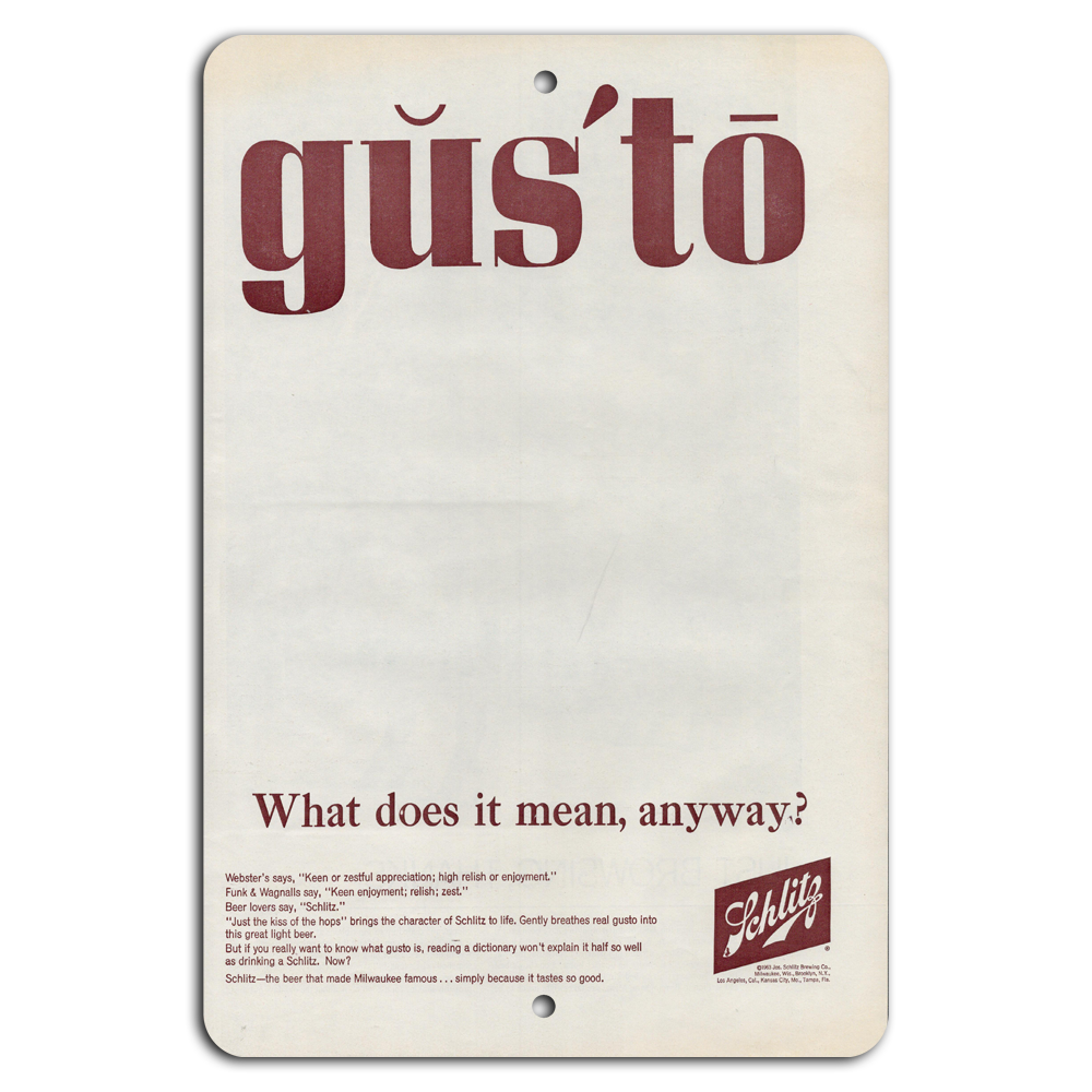 Classic Schlitz Beer 'Gusto' Ad Sign – Retro Fun for Any Space!