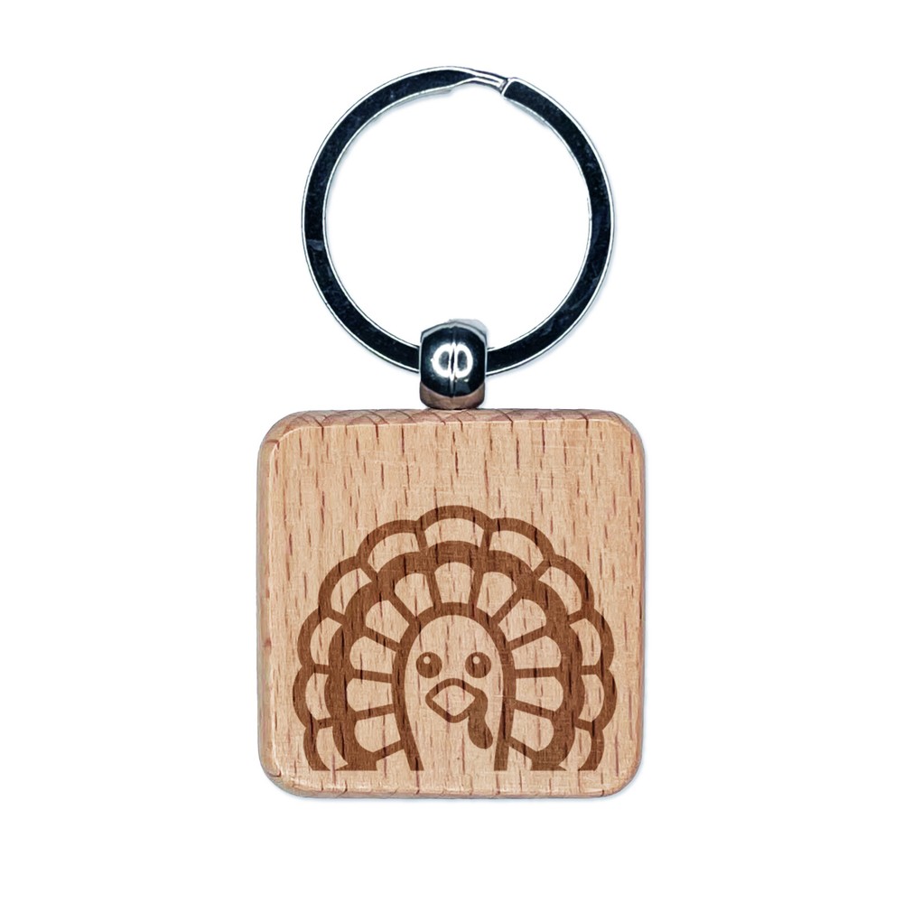 Peeking Turkey Thanksgiving Engraved Wood Square Keychain Tag Charm