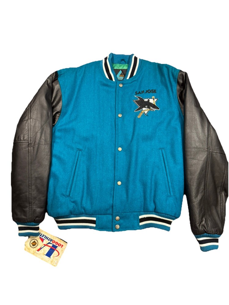 VTG SAN JOSE SHARKS NHL Leather Sleeve Letterman VARSITY Bomber Jacket Sz S USA