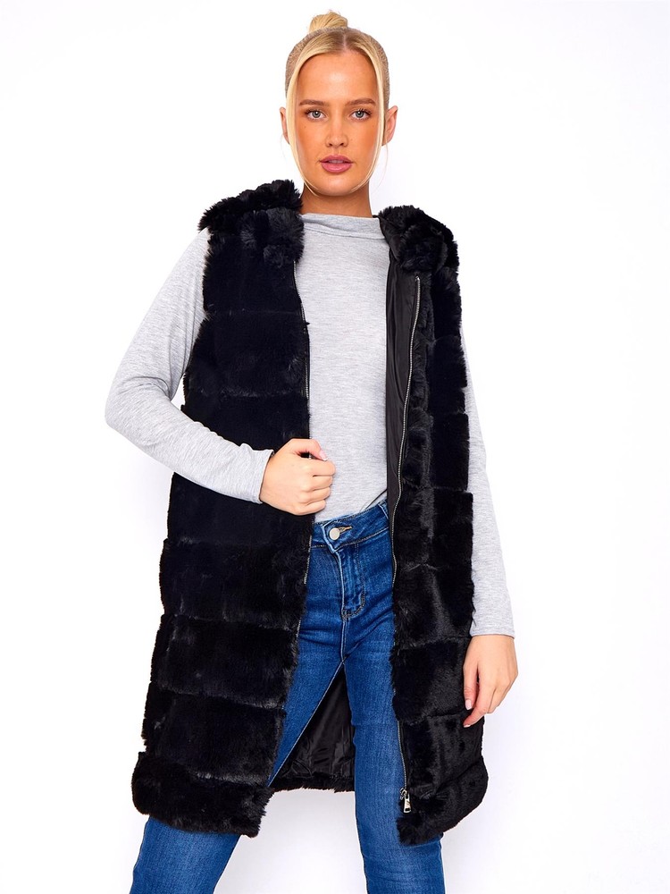 Womens Faux Fur Gilet Black Sleeveless Jacket Waistcoat Sizes 10 12 14 16 8
