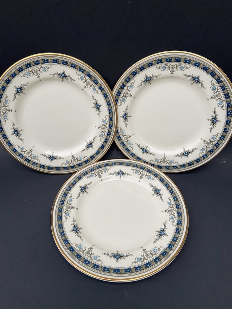 3 Vintage 1973 Minton GRASMERE BLUE Bread & Butter Dessert Plates Gold Trims