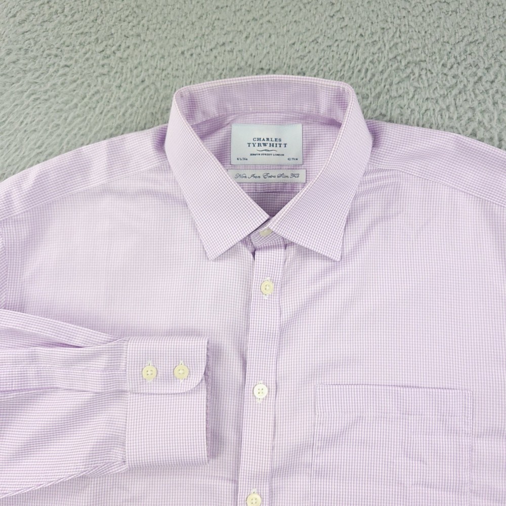 Charles Tyrwhitt Dress Shirt Mens 16.5 Purple Check Extra Slim Non Iron