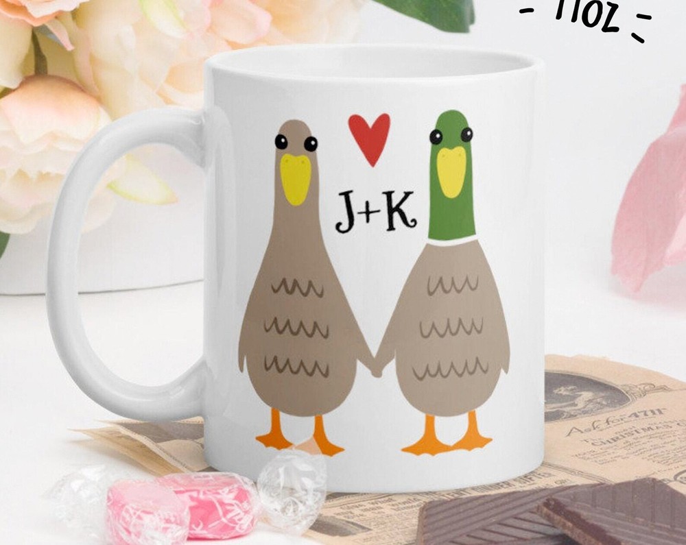 Love Ducks Coffee Mug Cute Ducks Couple Holding Hands With Heart Personalized
