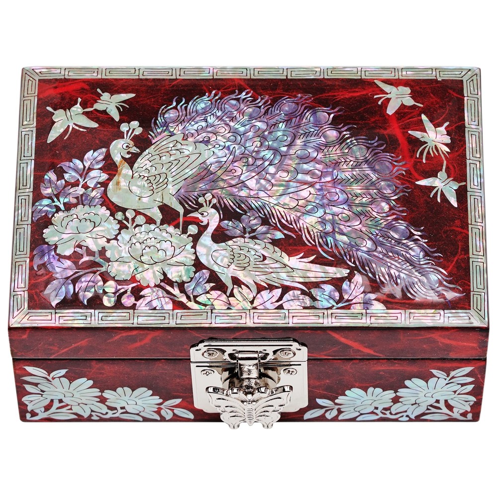 Mother of Pearl Peacock Jewelry Box with Red Accents
