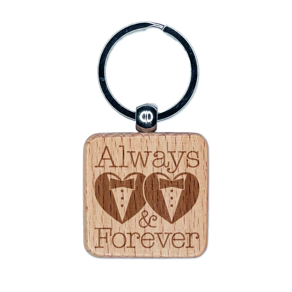 Mr & Mr Always Forever Wedding Tuxedo Heart Engraved Wood Keychain