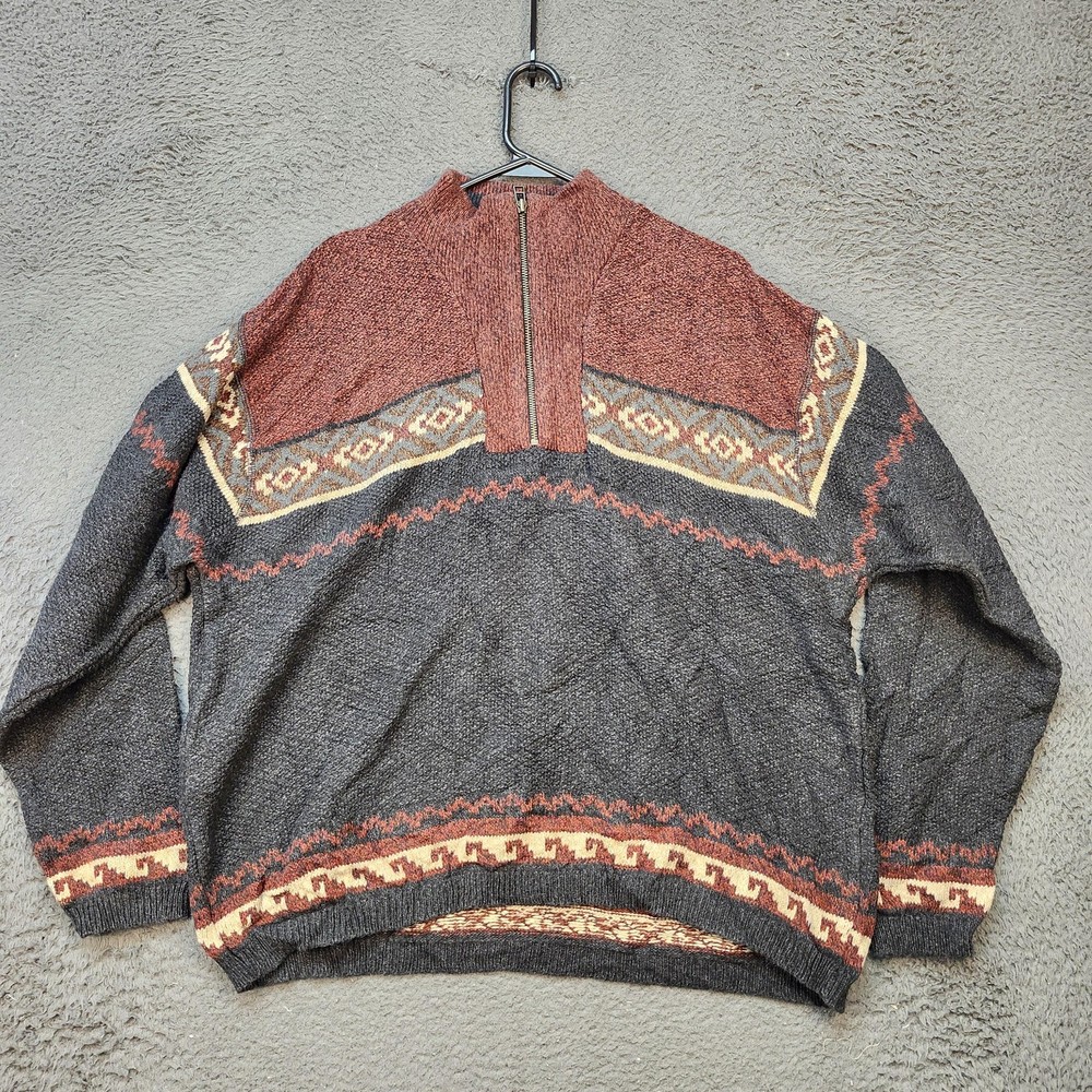 Vintage St Johns Bay Sweater Mens Large Gray Red Half Zip Pullover Cotton 90s