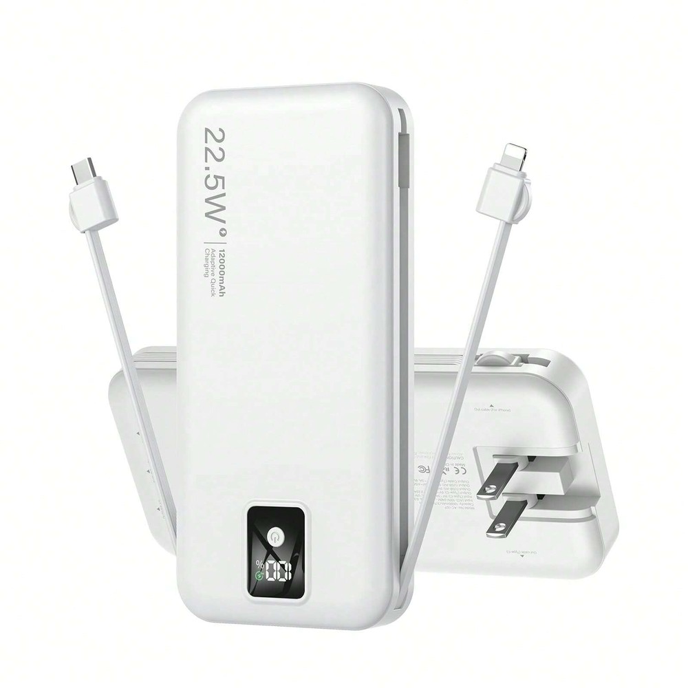 12000mAh Portable Charger with Built-In Cables & AC Plug - USB C Power Bank