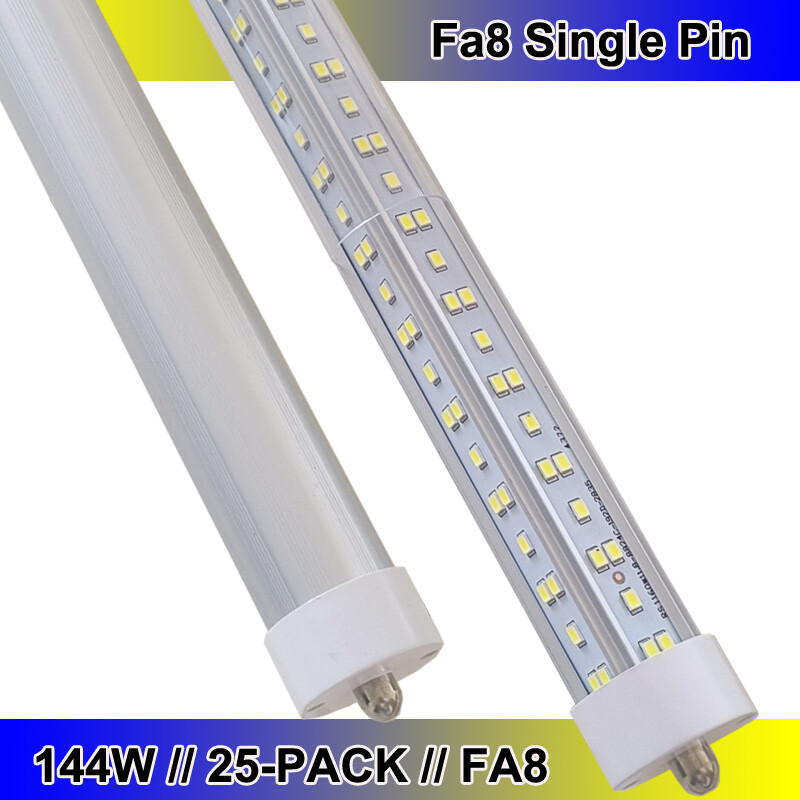 8FT T8 LED Tube Lights 144W Single Pin FA8 Shop Light 25-Pack