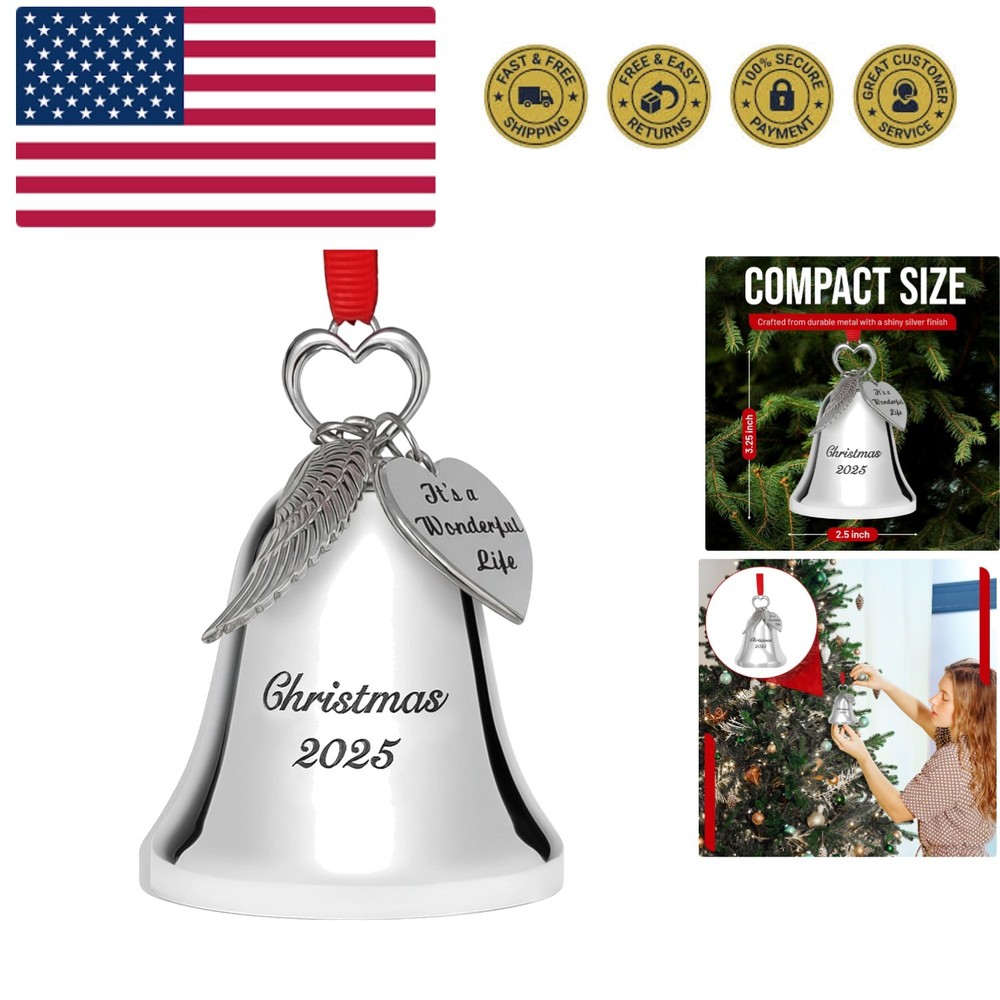 Silver Christmas Bell Ornament 2025 – Collectible Holiday Bell Engraved “Chri...