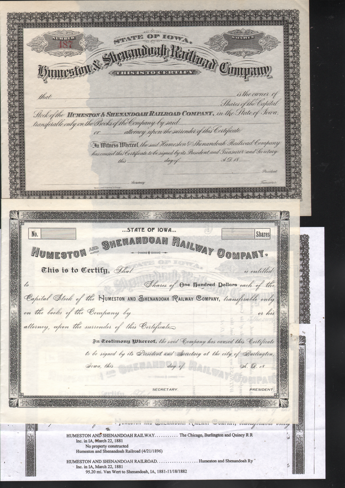Huneston & Shenandoah RR Iowa 95+ Miles A.C.B.& Q. RR Co 2 STKs