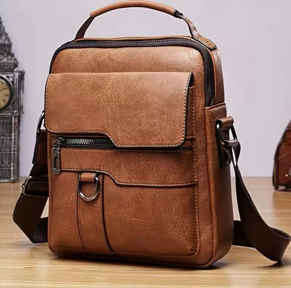 Men’s PU Leather Crossbody Messenger Bag – Multi-Compartment for Travel & Business