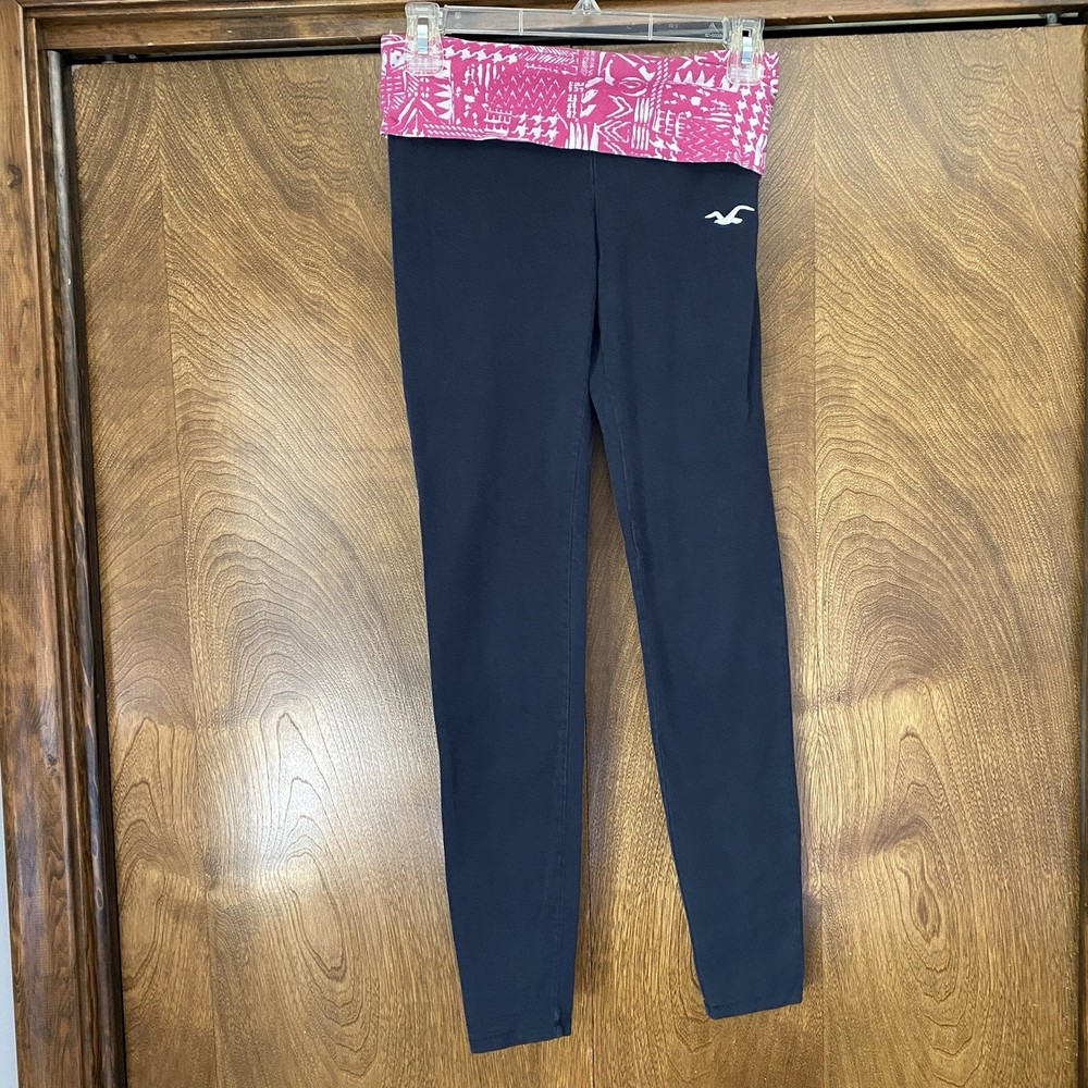 Hollister Y2K Fold Over Yoga Leggings Black Pink Logo Bird Lounge XS
