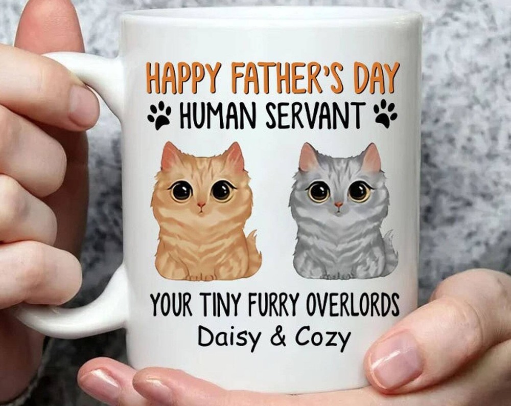 Personalized Big Eyes Cat Human Servant Mug Custom Cat Dad Mug With Names Funny