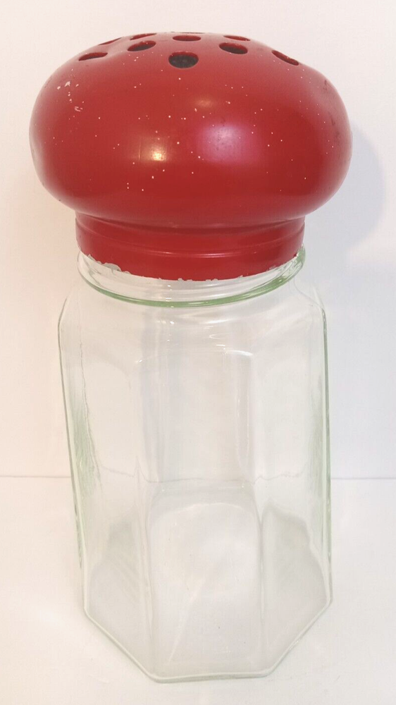 Glass Straw Container Jar Holder Clear 12 Inch Tall Red Metal Lid A Little Bent