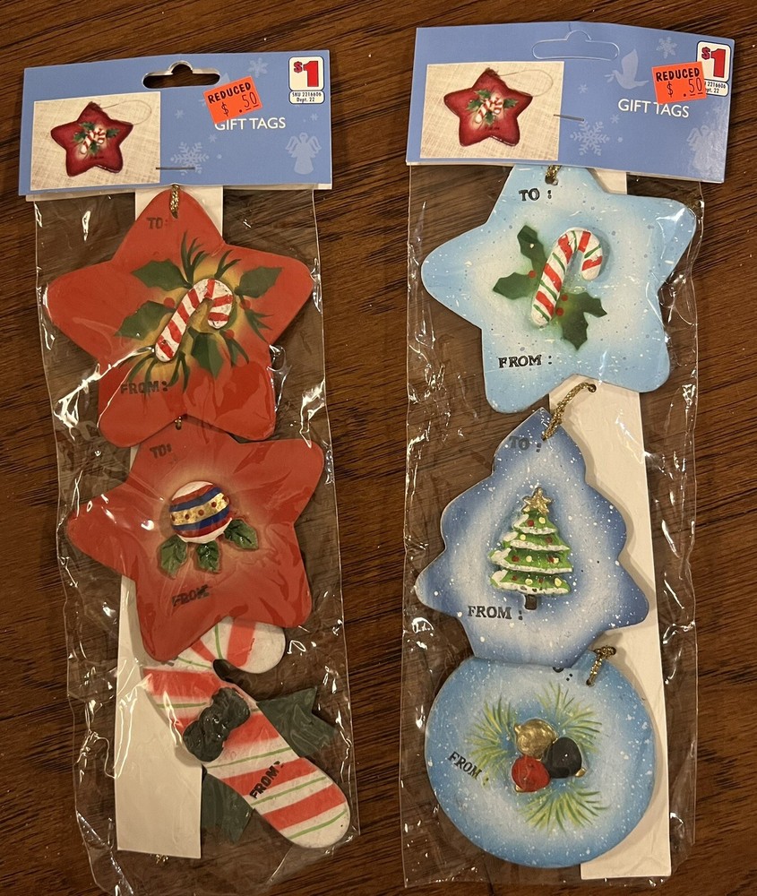 Vintage Set of 2 Tie-On Christmas Gift Tags Packs (6 Total Tags) Blue And Red