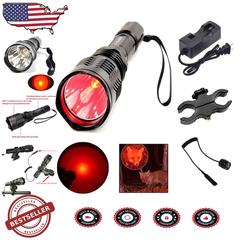 High-Power LED Hunting Flashlight with 250 Yards Range - Red Light Tactical Set