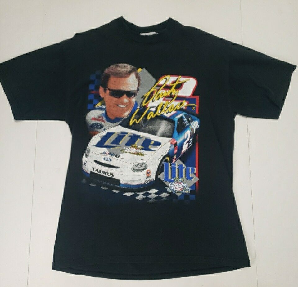 VTG 90s Rusty Wallace Miller Lite T-shirt Size Large NASCAR Double Sided 1998