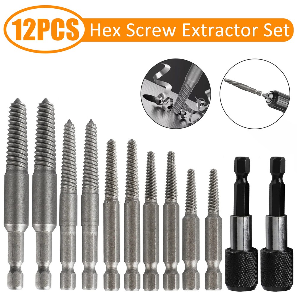 12Pcs Stud Screw Extractor Remover 1/4 Inch Hex Shank Damaged Bolt Easy Out Sets