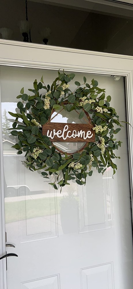 20-Inch Summer Eucalyptus Wreath with Welcome Sign for Front Door Decor
