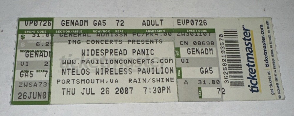 7/26/07 Widespread Panic Concert Music Ticket Stub Portsmouth Pavilion WSP