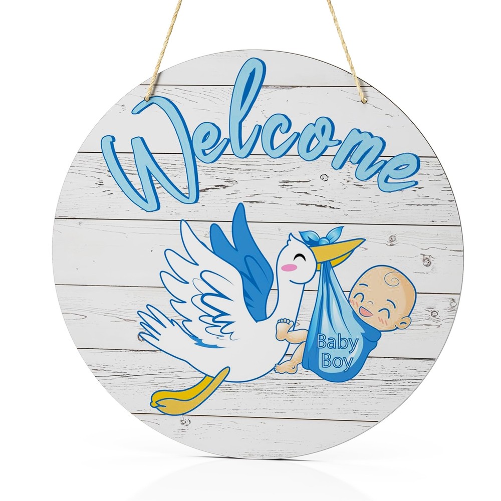 Welcome Baby Boy Sign Front Door Decoration, 12 Inch Round Wood Sign Wall Han...