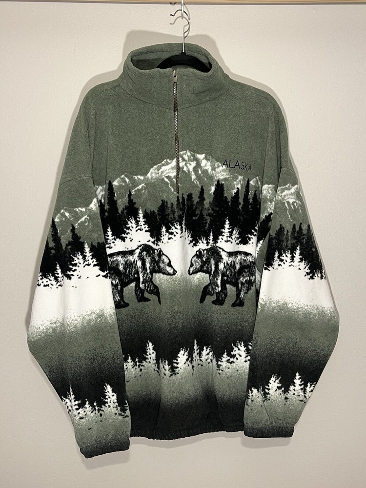 VTG Polar Graphics Bears Alaska Fleece Sweater Jacket 1/4 Zip USA Made XXL (I)