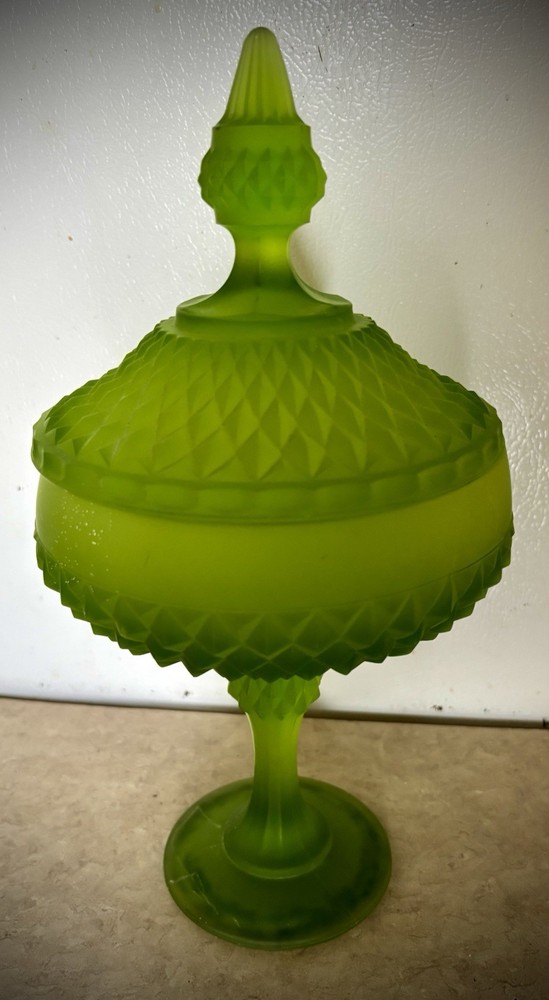 Vintage Indiana Green Satin Glass Diamond Point Pedestal Candy Dish