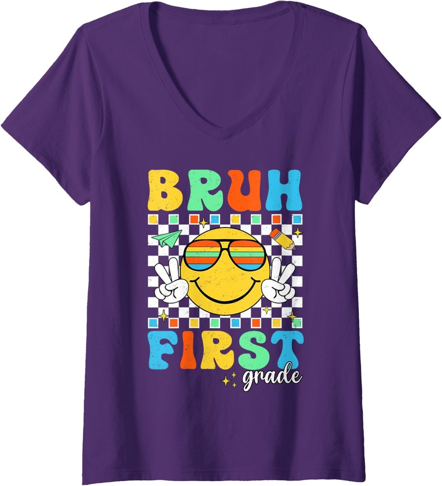 Hello First Grade Retro Team 1st Grade BRUH Back Ladies' V-Neck Tshirt