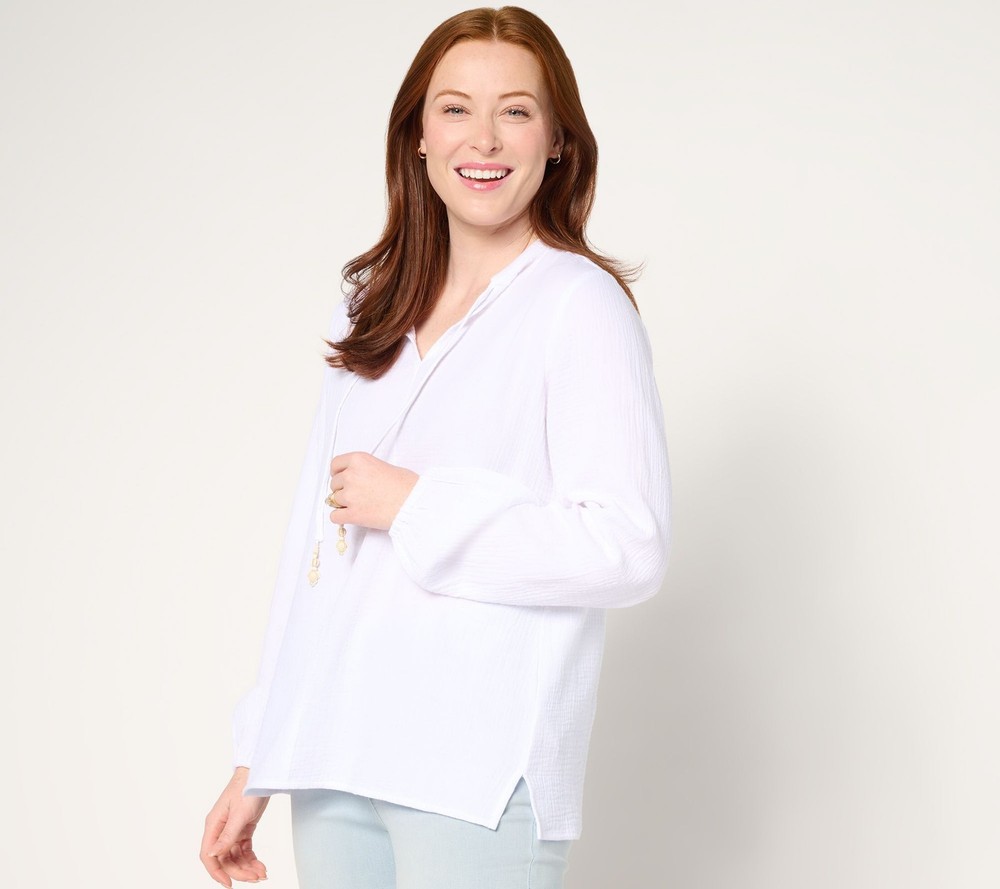 Belle by Kim Gravel Women's Top Sz L Beach Club 100% Cotton Gauze White A686033