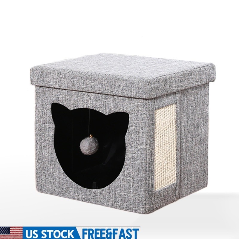 Cat Cube Condo Fun Sturdy Padded Pet Lounge Easy Move Play Enrichment Toy Gray