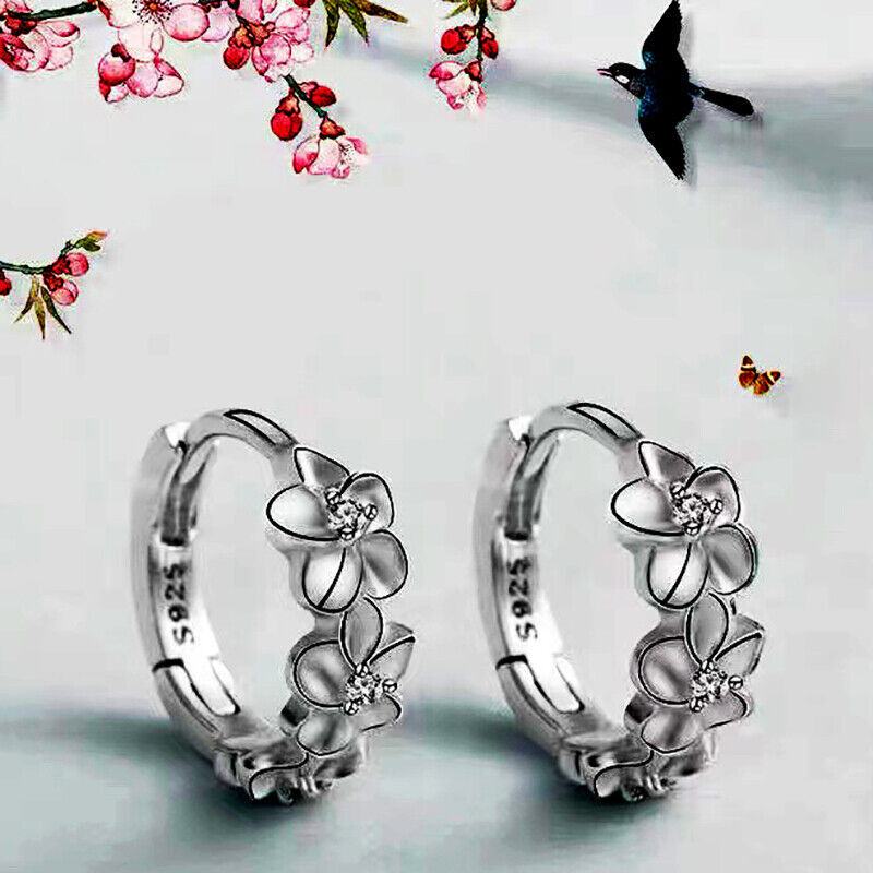 925 Silver Flower Crystal Hoop Huggie Earrings for Women  