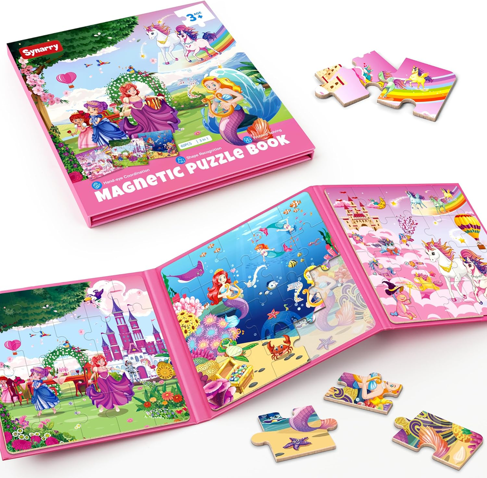 Unicorn Mermaid Princess Magnetic Puzzles for Toddlers 3-5 Girls, 20 Pieces Trav
