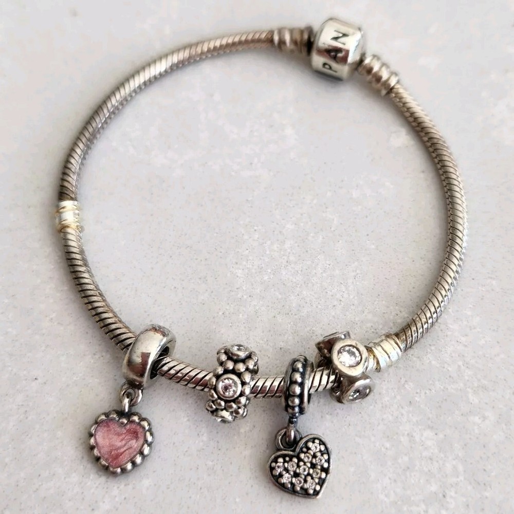 Pandora Bracelet Sterling Silver 18cm With 4 Charms S925 Ale Love Heart