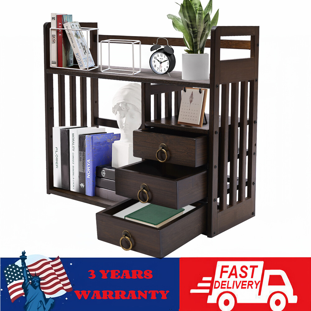 Bamboo Bookshelf Desktop Organizer Desk Rack Storage Shelves w/3 Drawers Office