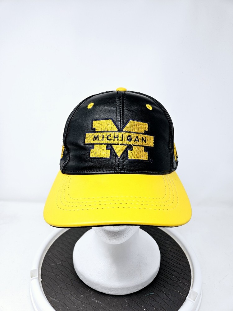 VINTAGE Michigan Wolverines Leather Snapback Hat USA Made 90s FAST SHIPPING