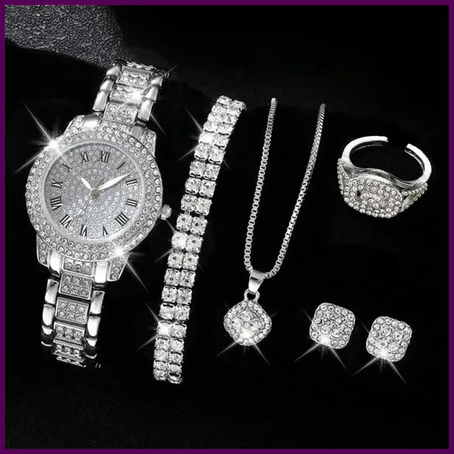 6PCS Women Watch Luxury Elegant Alloy Watch Crystal Wristwatch For Ladies
