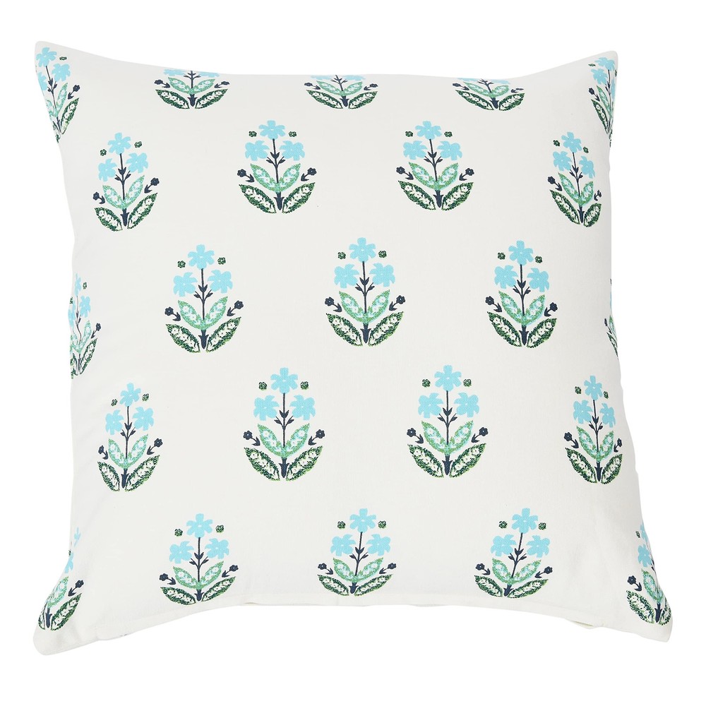 20-Inch Blue Green Floral Cotton Square Pillow Cover