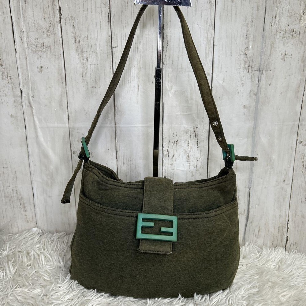 Fendi Mamma Shoulder Bag in Khaki Green Cotton Jersey with Logo Preowned