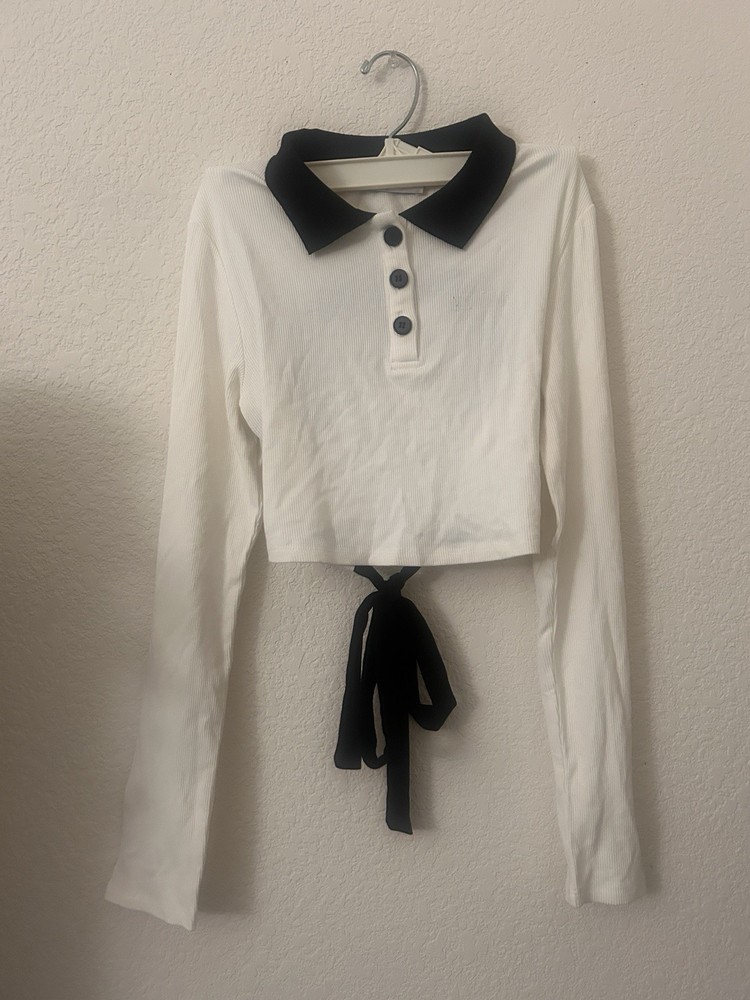 Girly Fancy Club White Ribbed Crop Top Black Collar Size S