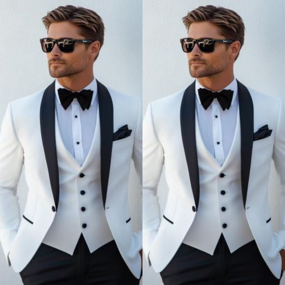 White Men Suits Wedding  Prom Jacket Tuxedo Shawl Lapel Formal Prom 3Pcs Party