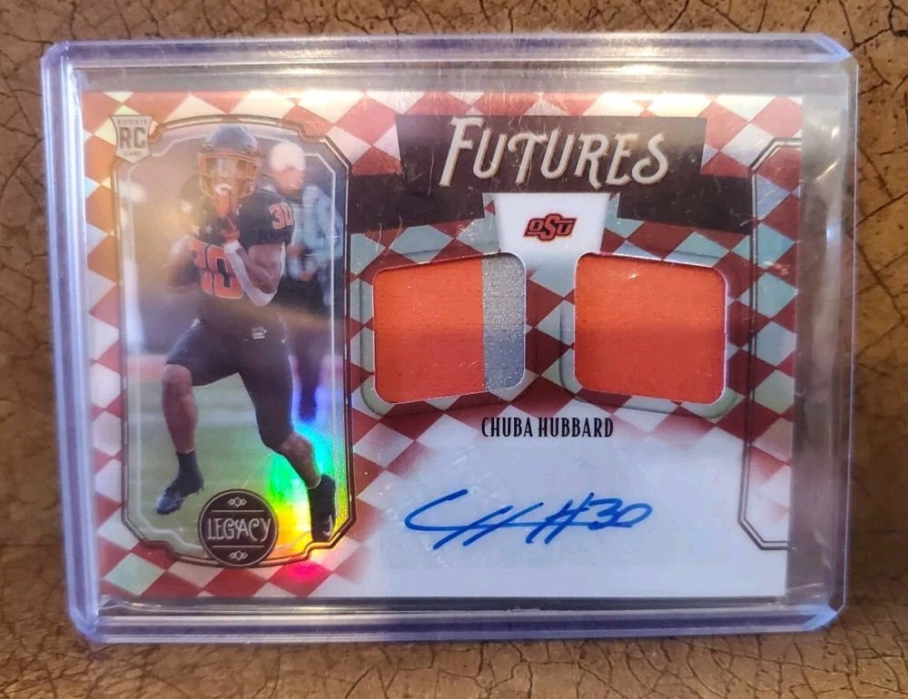 2021 Panini Legacy Chuba Hubbard Futures Dual Patch Autograph Ruby /100 Rookie Card AU MEM