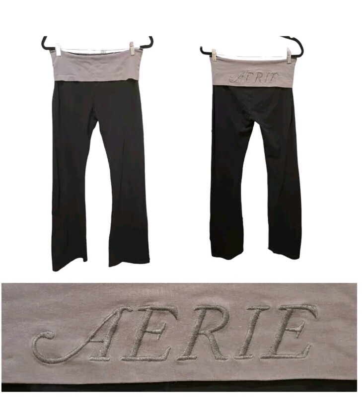 Aerie Solid Gray Spellout Embroidered Vintage Foldover Flare Yoga Pants